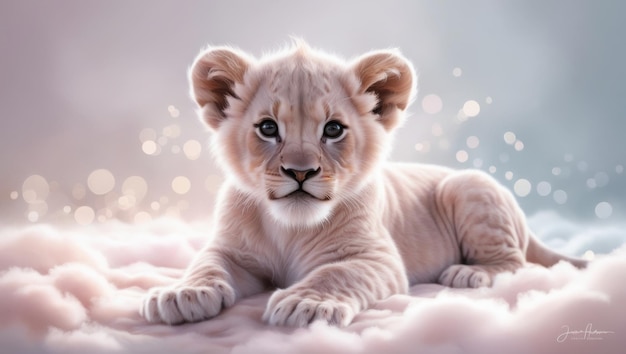 A unique lion cub in a soft cloudlike setting rendered in a gentle digital painting