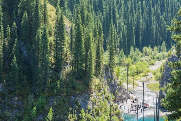 unique mountain lake of Kaindy in Kazakhstan with a sunken forest