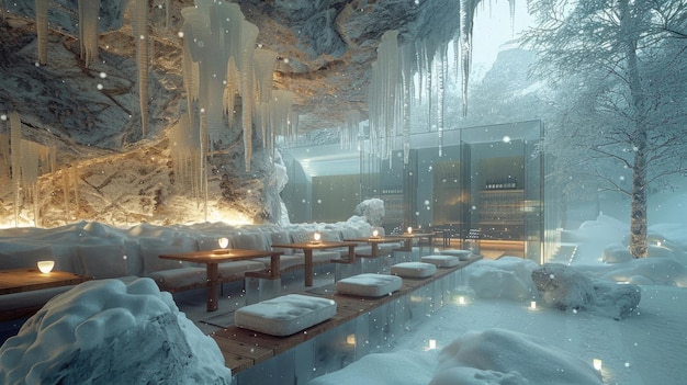 Photo a unique nature restaurant set in an icy snowy landscape offering cozy outdoor seating amidst the snow