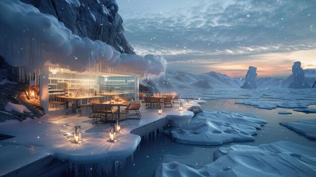 A unique nature restaurant set in an icy snowy landscape offering cozy outdoor seating amidst the snow