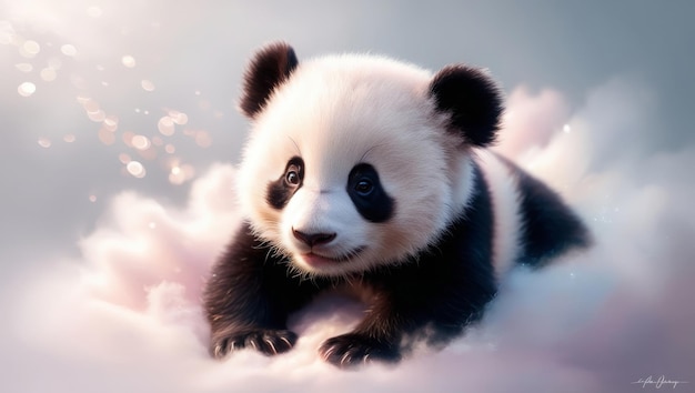 A unique panda cub in a soft cloudlike setting rendered in a delicate digital painting