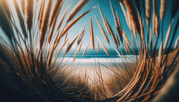 A unique perspective of an ocean beach as seen through strands of tall sunbleached grass