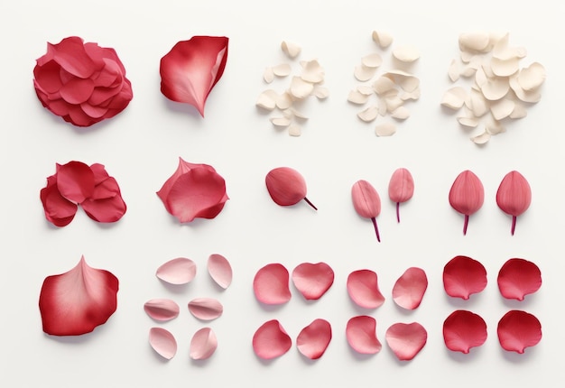 unique rose petals Objects Isolated and spectrum of Petals and Full Blooms on White Background