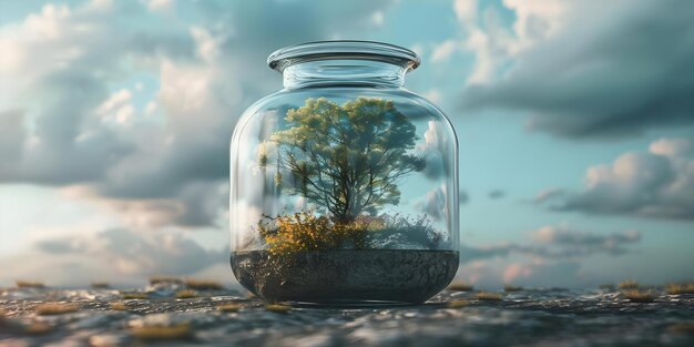 Photo unique scene of a forest inside a glass jar under the desert sky concept desert skies forest in a jar unique scene