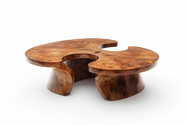 Unique sculptural wooden coffee table designed for modern living spaces showcasing natural wood grain patterns