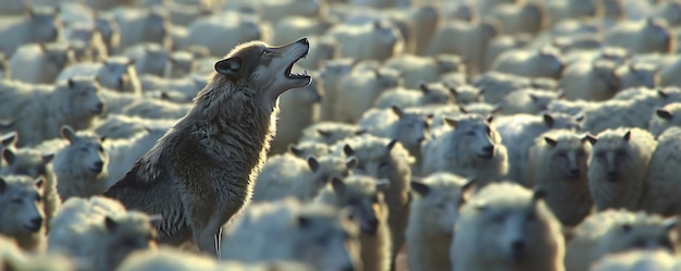 The Unique Sight of a Wolf Among a Peaceful Flock of White Sheep