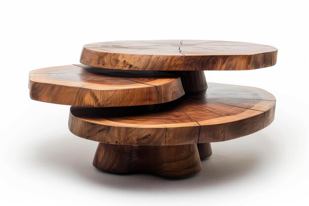 Unique threetiered wooden coffee table showcasing natural grain patterns and a contemporary design ideal for modern living rooms