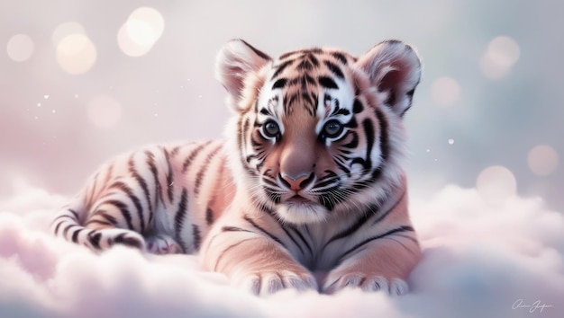 A unique tiger cub in a soft cloudlike setting rendered in a delicate digital painting