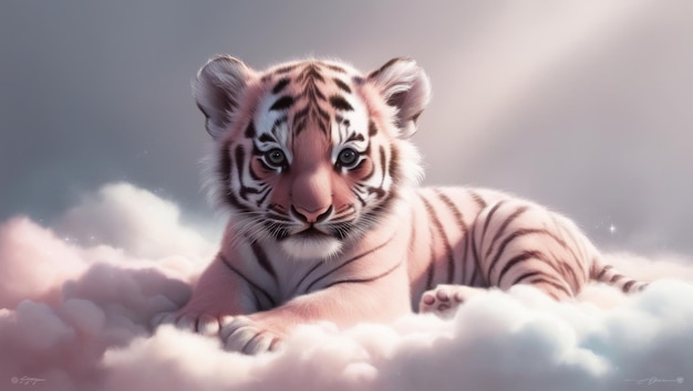 A unique tiger cub in a soft cloudlike setting rendered in a delicate digital painting