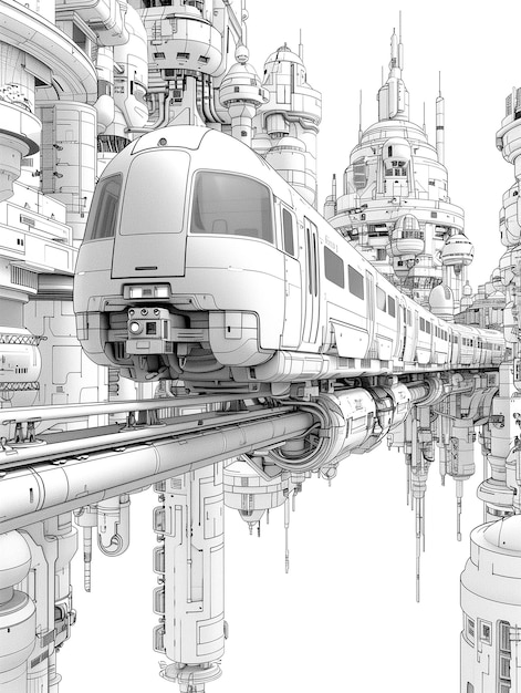 Photo unique train coloring page in the future city cartoon style hand drawing in futuristic illustration