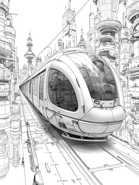 Photo unique train coloring page in the future city cartoon style hand drawing in futuristic illustration