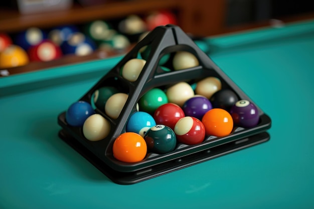 A unique triangle shaped pool table with colorful balls Perfect for billiards enthusiasts