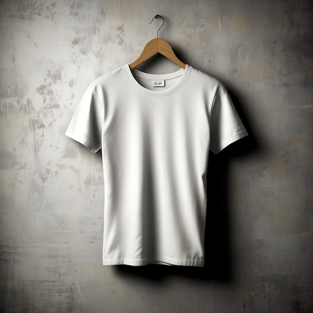 Unique white blank tshirt hanging on a wall with a black and t shirt mockup