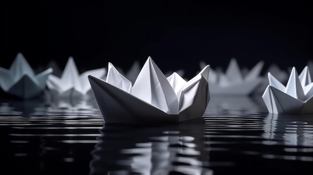 Unique white paper origami ship among black ones Generative ai