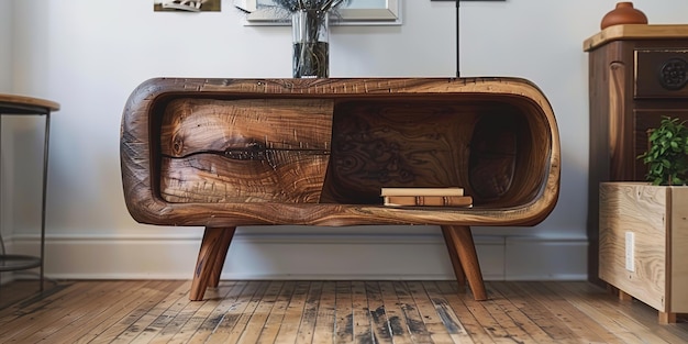 Unique wooden console table in modern interior with plant