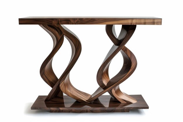 Photo unique wooden console table with an artistic wave design in a minimalist setting showcasing craftsmanship and elegance