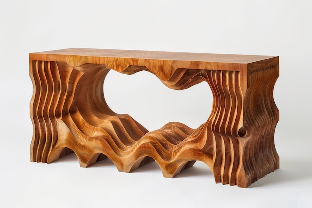 Photo a unique wooden console table with a wavy design showcasing craftsmanship and artistry in modern furniture design