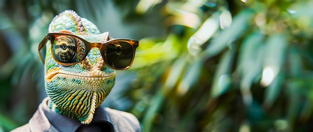 Photo uniquely styled chameleon reptile wearing formal business attire like sunglasses and suit posing for a portrait with copy text space background for graphic design