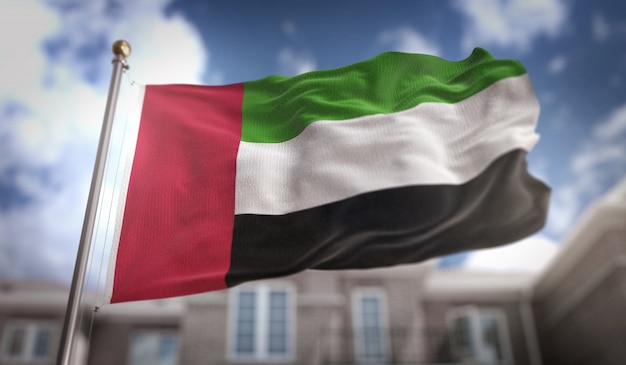 United Arab Emirates Flag 3D Rendering on Blue Sky Building Background 