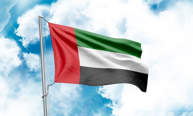 United Arab Emirates flag waving on sky background 3D Rendering