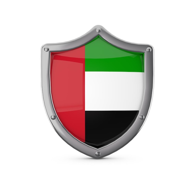 United arab emirates security concept metal shield shape with national flag