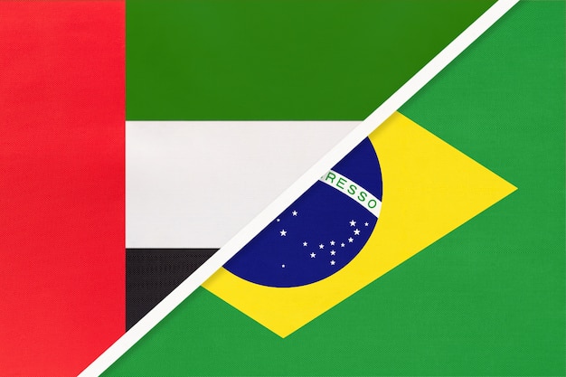 United Arab Emirates or UAE and Brazil, symbol of two national flags from textile.