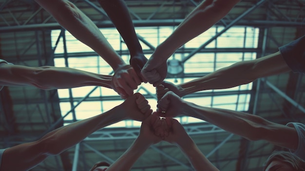 Photo united hands form a ring symbolizing unity teamwork and cooperation under the high ceilings of an industrial building