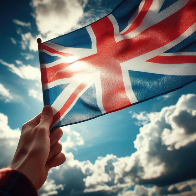 united kindow jack flag on sky The image shows a persons hand holding a flag against a backdrop of