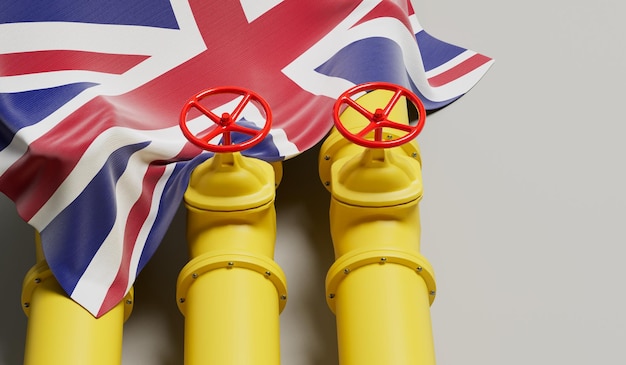 United Kingdom flag covering an oil and gas fuel pipe line Oil industry concept 3D Rendering