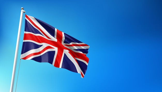 United Kingdom Flag Flying on Blue Sky Background 3D Render