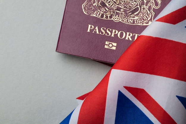 United Kingdom passport with Union Jack Great Britain flag