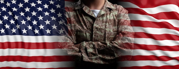 United States of America flag and soldier with crossed arms 3d illustration