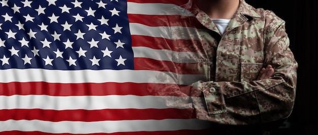 United States of America flag and soldier with crossed arms 3d illustration