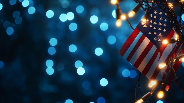 Photo united states flag border over blue and black bokeh light