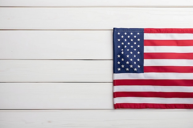 Photo united states flag on white wooden table top view with copy space