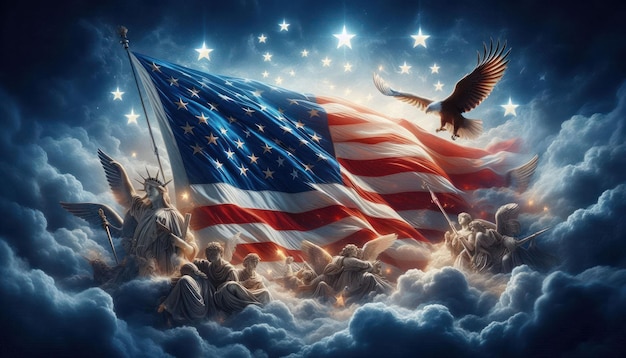 a united states flag with a eagle and a eagle flying in the sky