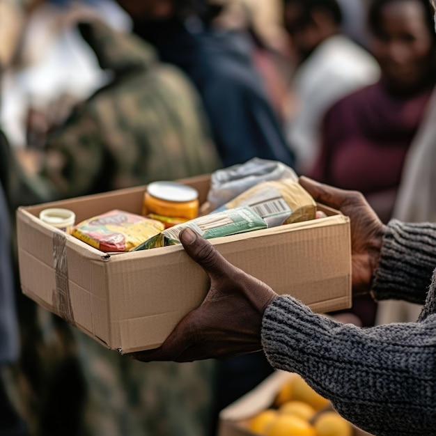 Photo unity in giving volunteer distributing essential food supplies at refugee center