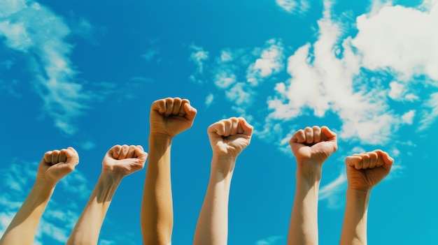 Photo unity portrayed through multiple raised fists backed by a bright blue sky with white clouds symbolizing strength and collective action