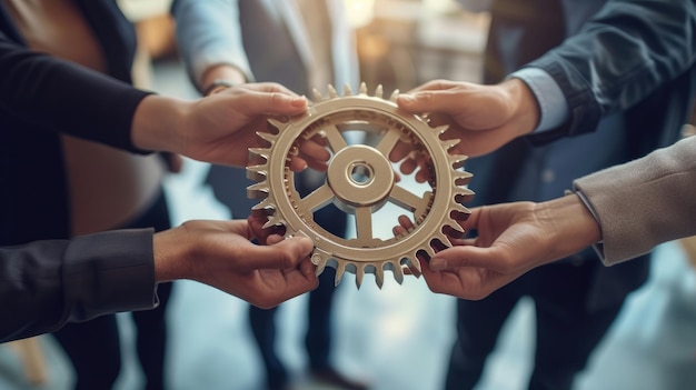 Unity and teamwork concept in corporate workplace symbolized by office worker holding cog wheel