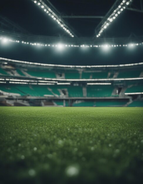 Universal grass stadium illuminated by spotlights and empty green grass playground