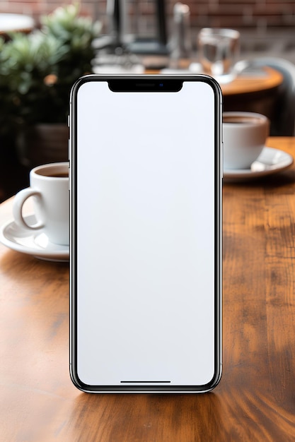 Universal mobile display for mockup designs against the background of a cup with a drink