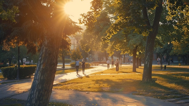 University Campus Sunset Students Walking Sidewalk Trees