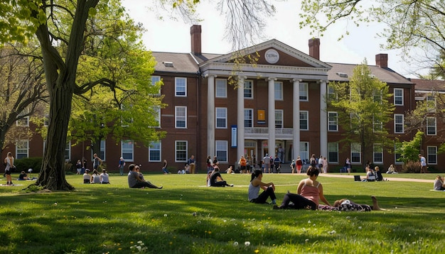 University campus with big field photography students are waking and gossiping on their campus