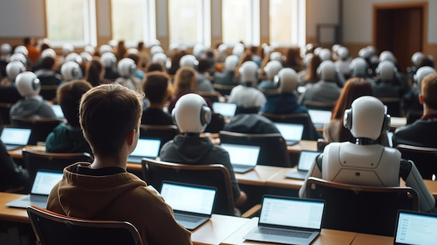 Photo university college audience or lecture room with human and robotic students as back to school study