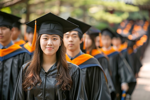 University Commencement Ceremony with Smiling Female Graduate Among Peers in Caps and Gowns