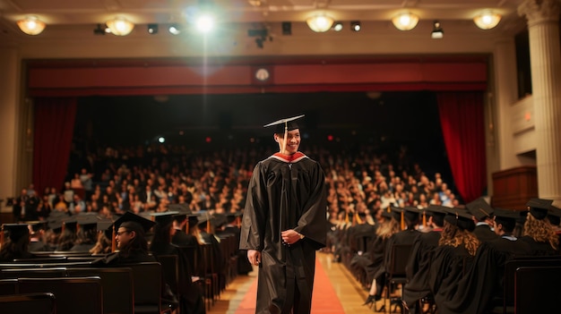 University graduate receives diploma on stage as fellow graduates applaud in hall