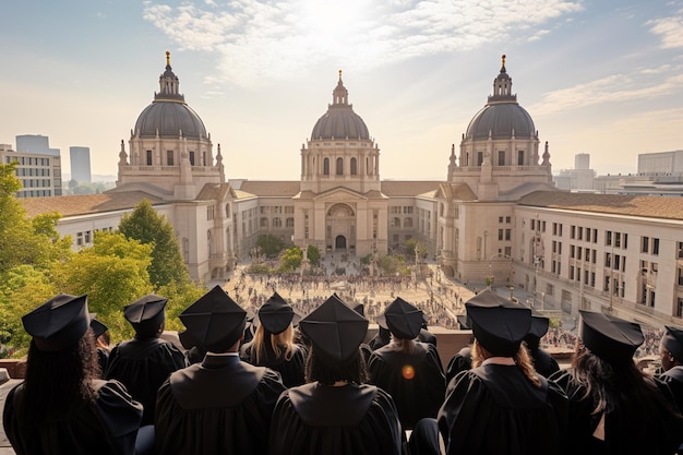 University Graduates in Caps and Gowns at Commencement Ceremony with Historic Architecture Backdrop