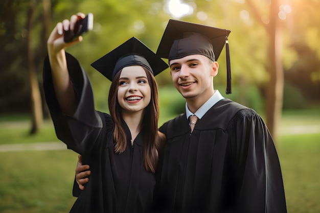 University graduates in graduation caps boy and girl smiling and taking selfie Generative AI 2