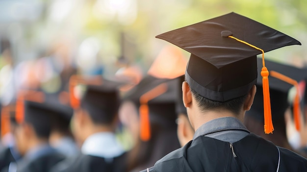 University graduation man in cap and gown celebrates academic achievement on commencement day