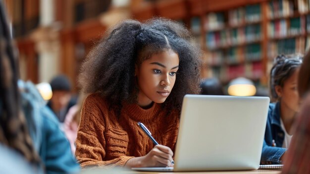 University Library Gifted Black Girl uses Laptop